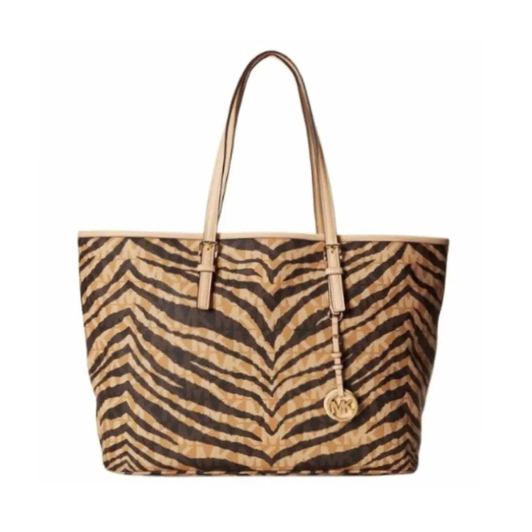 Michael Kors Jet Set Signature Logo Tote Handbag Tiger Pvc Double Leather Handle