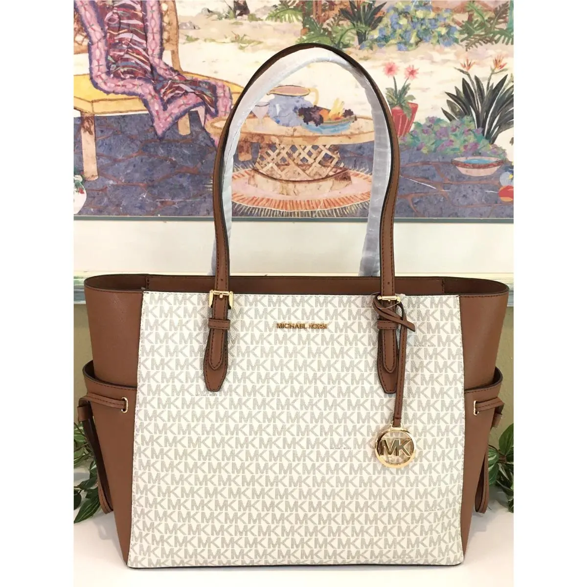 Michael Kors Gilly Large XL Drawstring Zip Tote Bag Laptop Vanilla Logo Leather