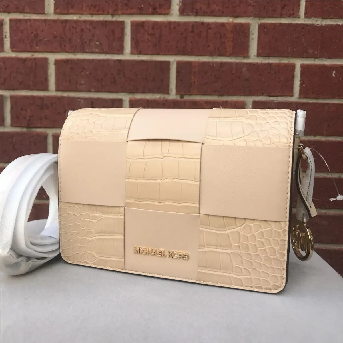 Michael Kors Mercer Small Patent Leather Crocodile Print Crossbody Handbag Buff