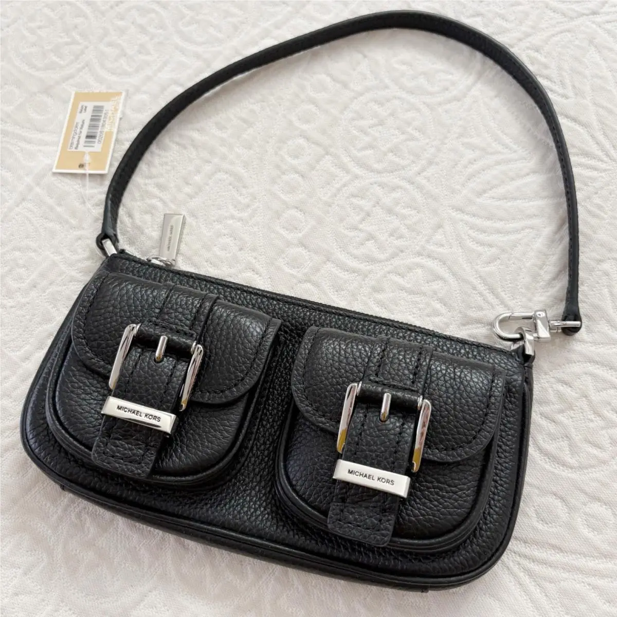 Kors Zoe Small Pebbled Leather Pouchette Bag Black