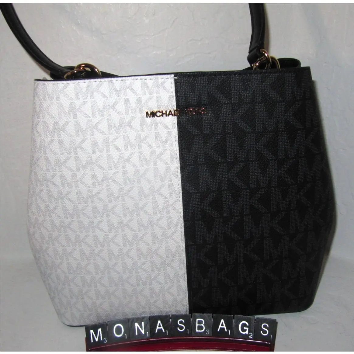 Pratt Medium Black White Signature Shoulder Bucket Bag by Michael Kors
