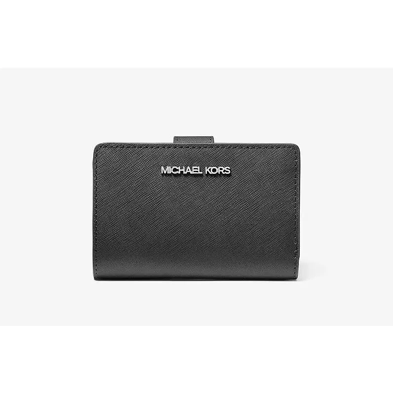 Michael Kors Jet Set Medium Bifold Zip Coin Saffiano Leather Wallet Black/silver