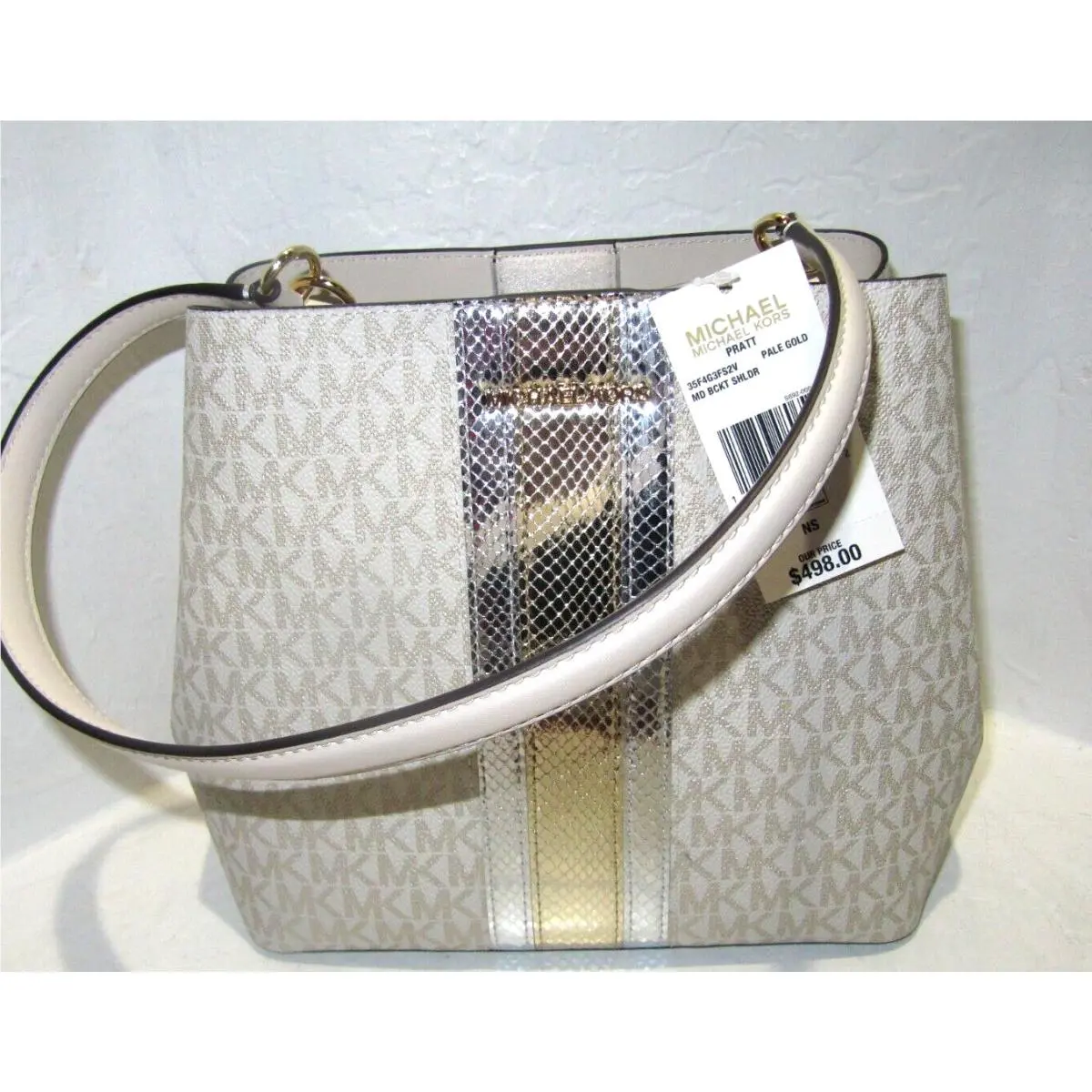 Michael Kors Pratt Med Logo Pale Gold Metallic Shoulder Bucket Bag