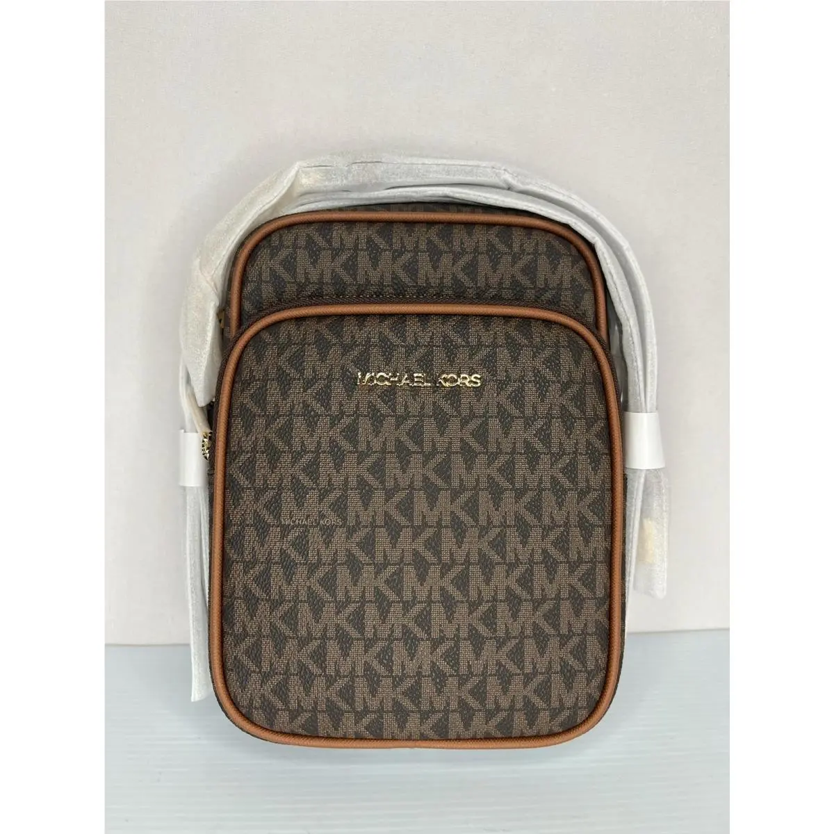 Michael Kors Jet Set Travel Crossbody Bag Womens Medium Brown Monogram Pvc