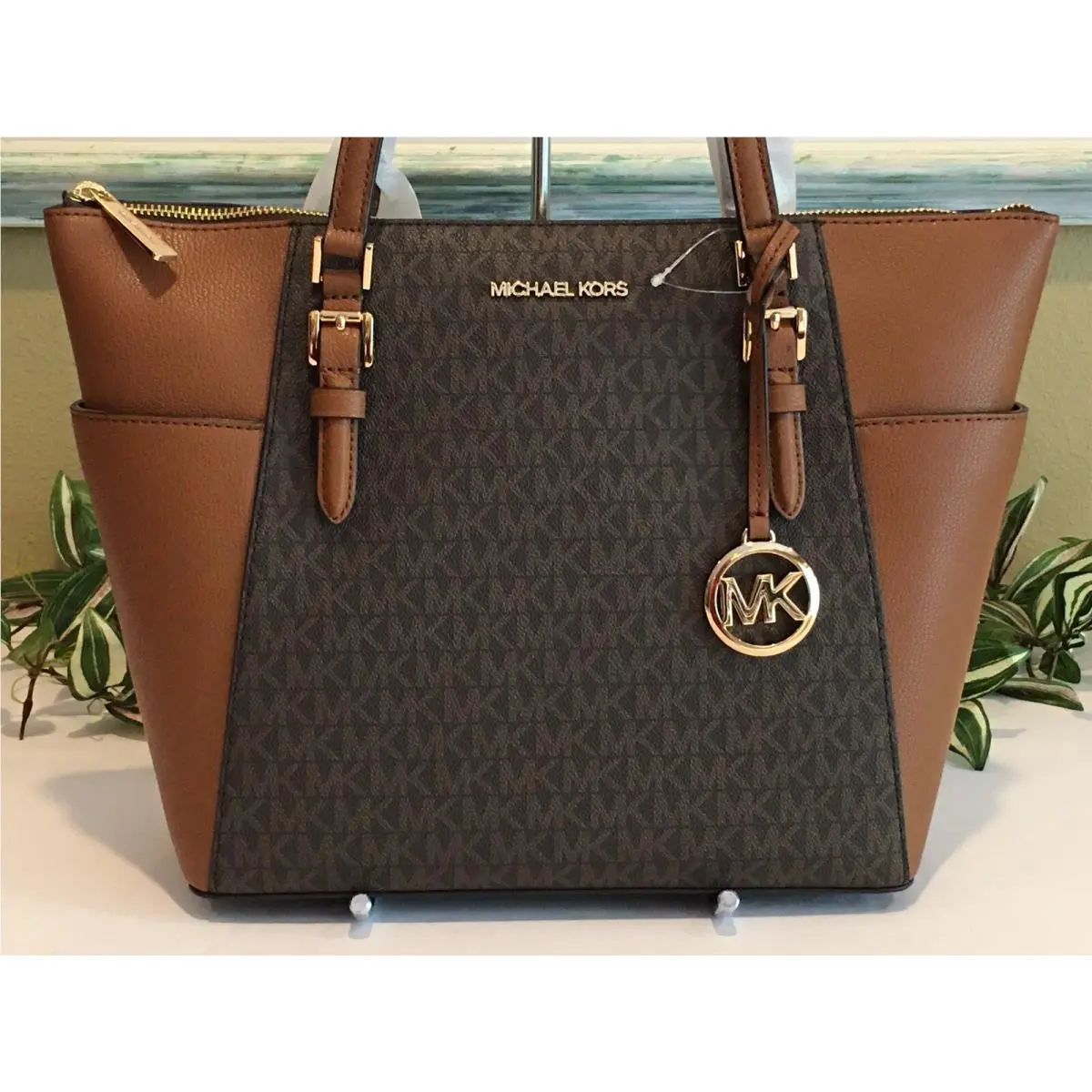 Charlotte Large Zip Tote Shoulder Bag MK Brown Signature Logo Purse by Michael Kors