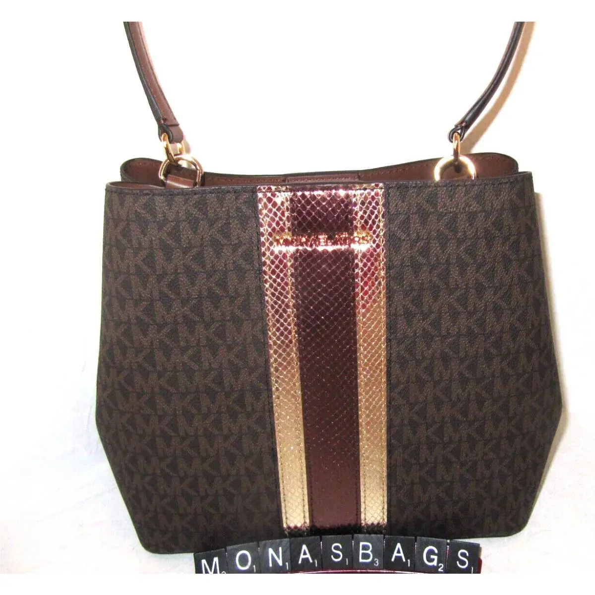 Michael Kors Pratt Medium Brown Logo Gold Metallic Shoulder Bucket Bag