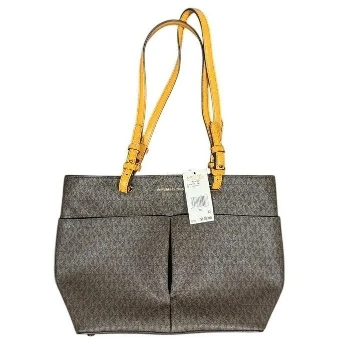 Michael Kors Bedford Medium Top Zip Pocket Tote Brown Signature Logo Bag