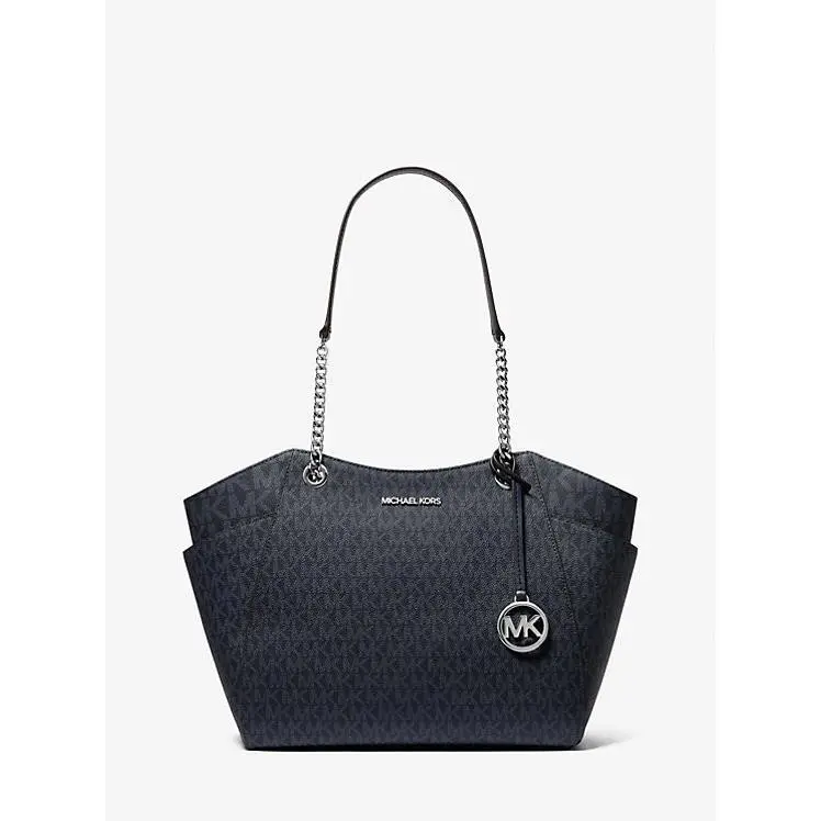 Michael Kors Jet Set Chain Travel Large Logo Shoulder Tote Bag Black Signature