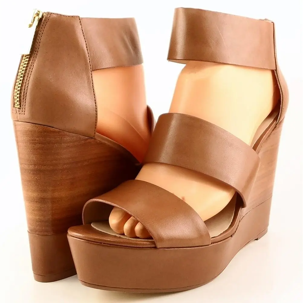 Kors Michael Kors Collie Luggage Leather Designer Strappy Wedges 10 M