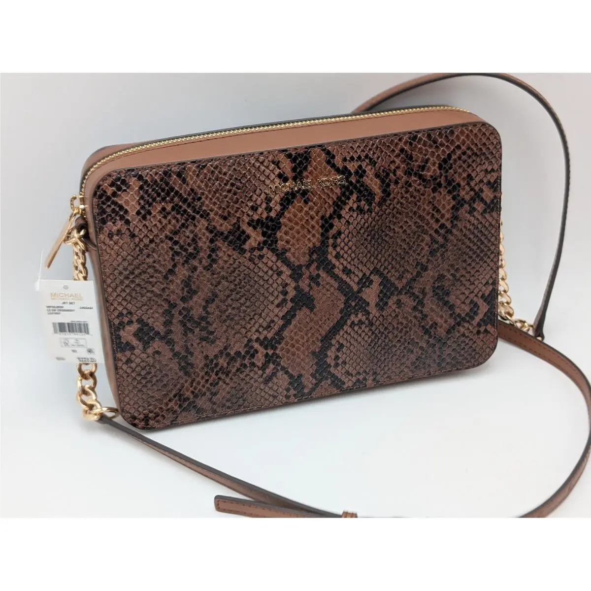 Michael Kors Crossbody Womens NS Brown Jet Set LG EW Leather Snakeskin 38F5GJ6C9