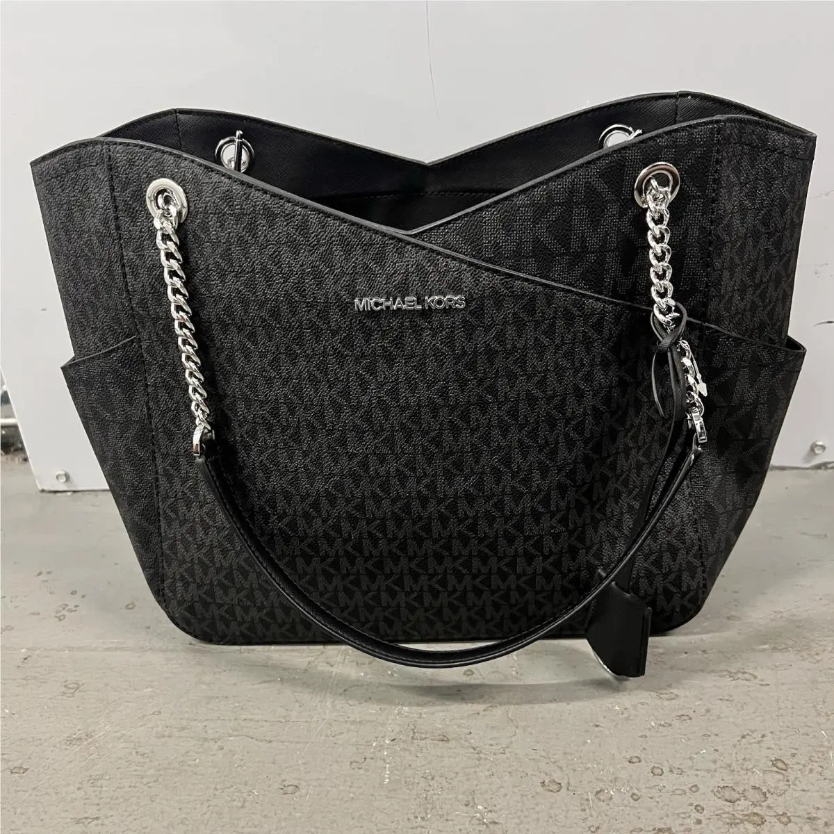 Michael Kors Jet Set Tote Shoulder Bag Gray MK Monogram Black Trim Logo