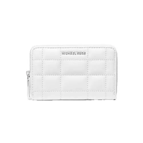 Optic White Silver Small Quilted Leather Coin Card Case Wallet by Michael Kors