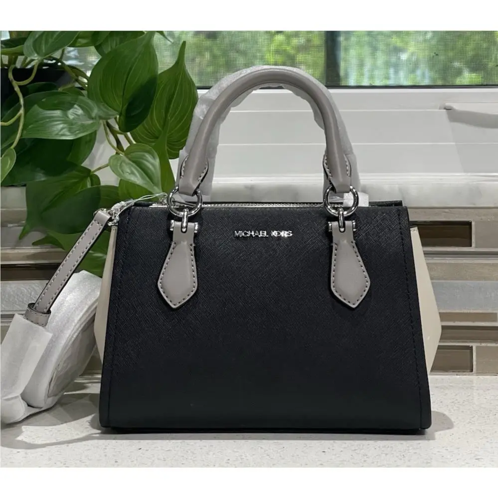 Michael Kors Marilyn Small Messenger Satchel Crossbody Bag MK Black Cream Silver