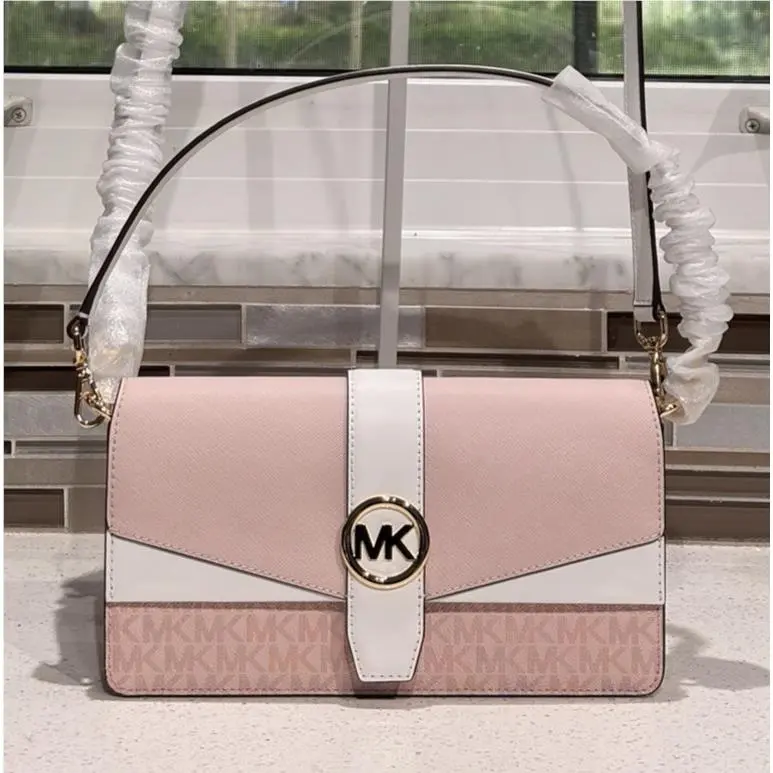 Michael Kors Greenwich Medium Flap Shoulder Crossbody Bag MK Blush Pink Logo