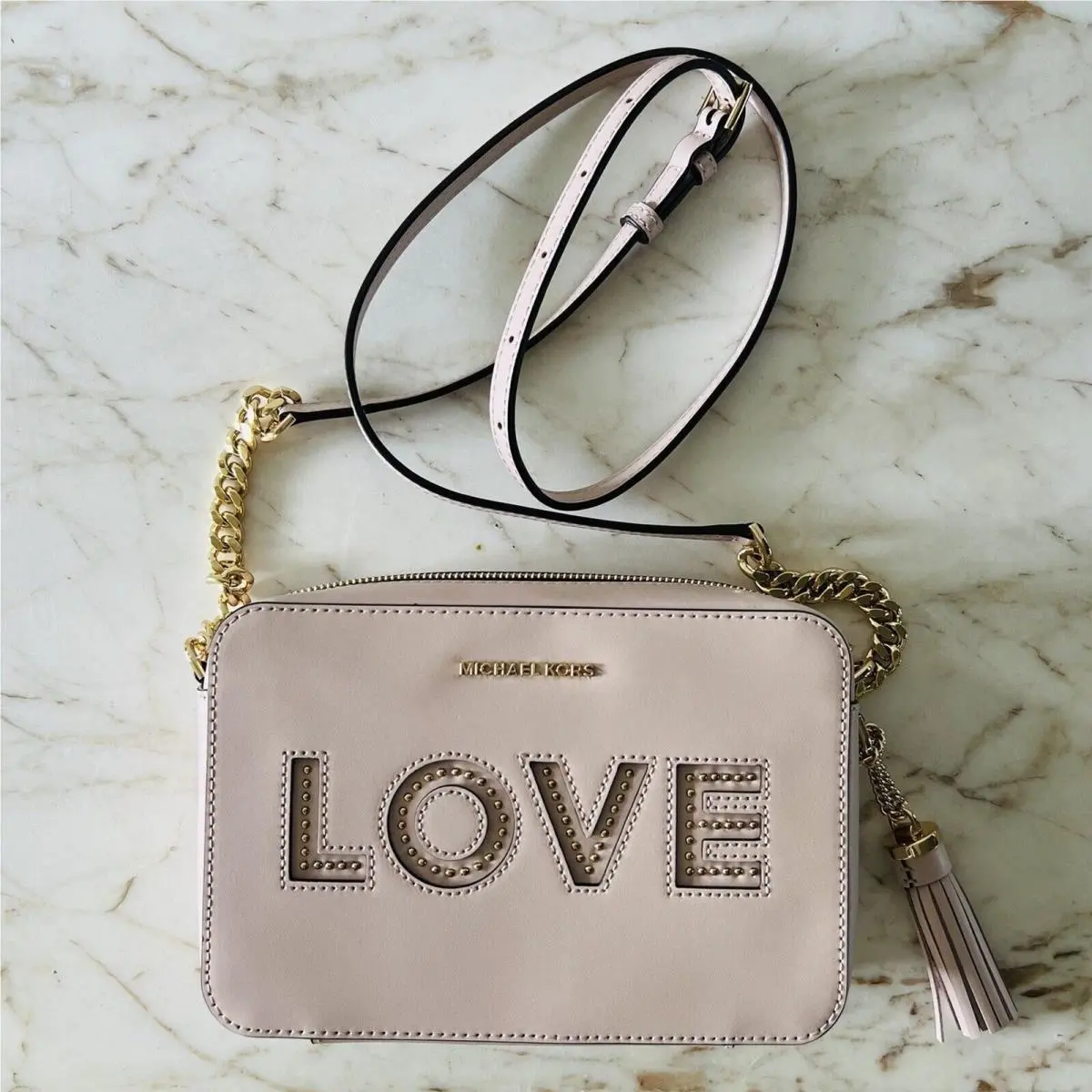 Ginny Soft Pink Leather Love Studded Medium Crossbody Camera Bag by Michael Kors