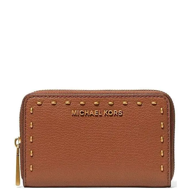 Michael Kors Jet Set Luggage Brn Leather Small Zip Around Studded Card Case