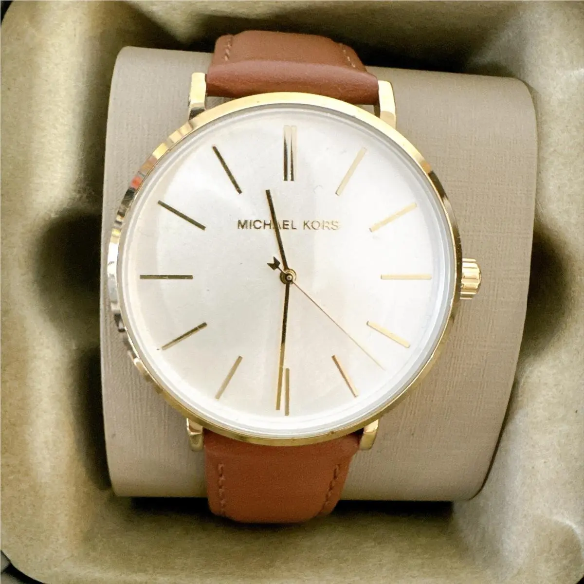 Michael Kors MK7149 Pyper Gold Tone Brown Leather White Dial Ladies Quartz Watch