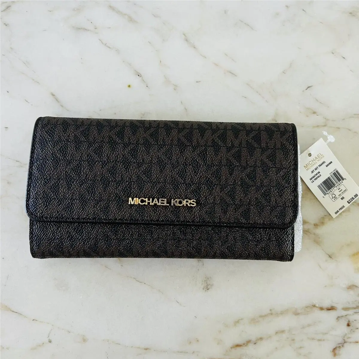 Michael Kors Jet Set Travel Brown Logo Leather Tri-fold Wallet