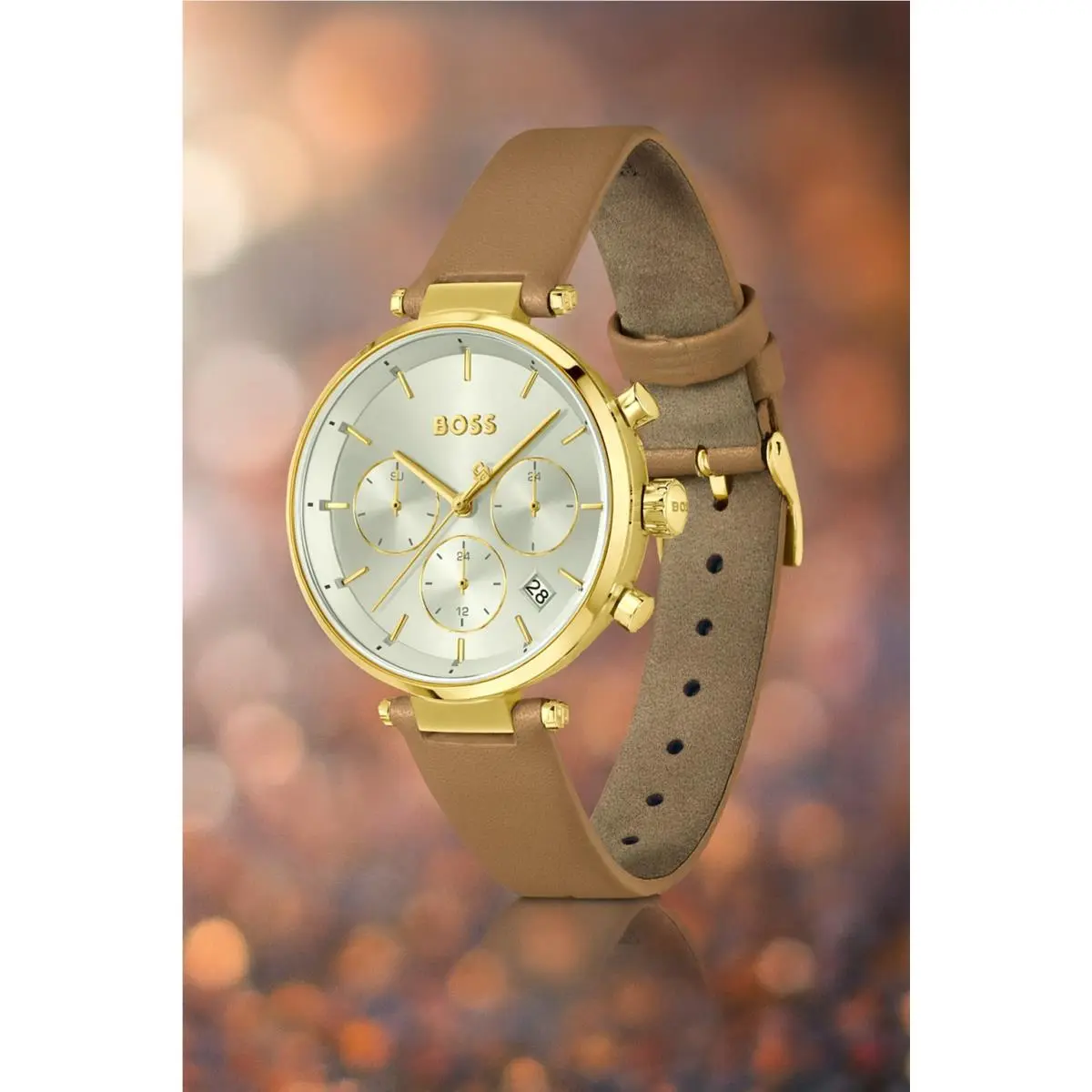 Boss Majesty Sport Women’s Watch 36mm Gold Case Silver Dial Brown Leather 3ATM by Hugo Boss