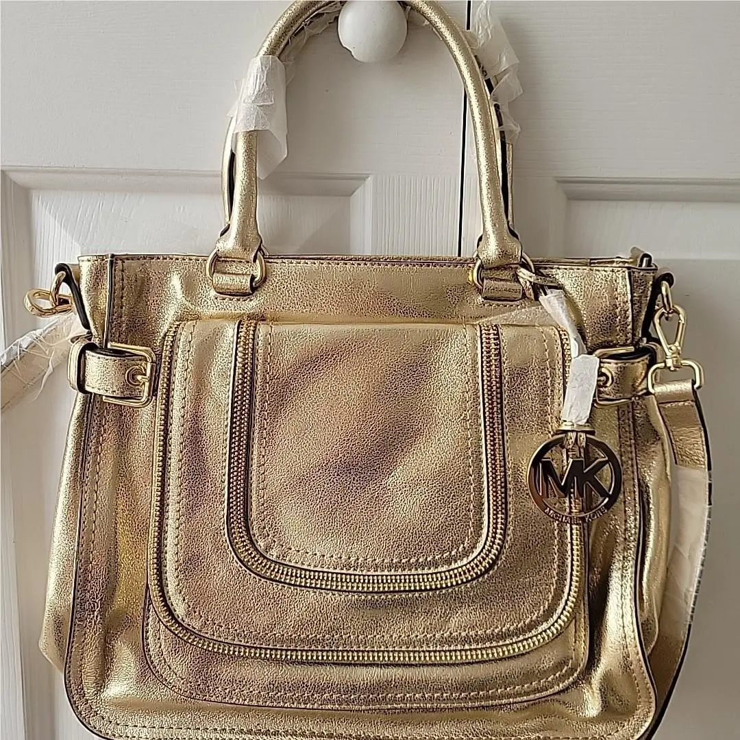 Naomi Large Gold Leather Satchel Crossbody Shoulder Bag Purse by Michael Kors