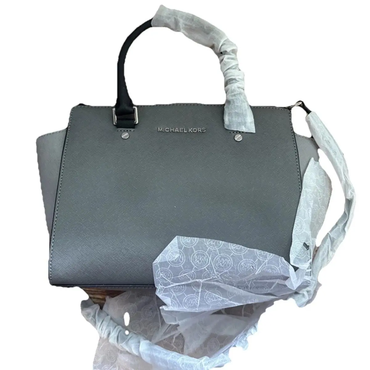 Michael Kors Selma Block Leather Medium Top Zip Satchel Gray Leather