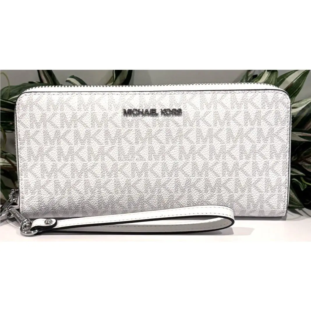 Michael Kors Jet Set Large Travel Continental Wallet White MK Signature Silver