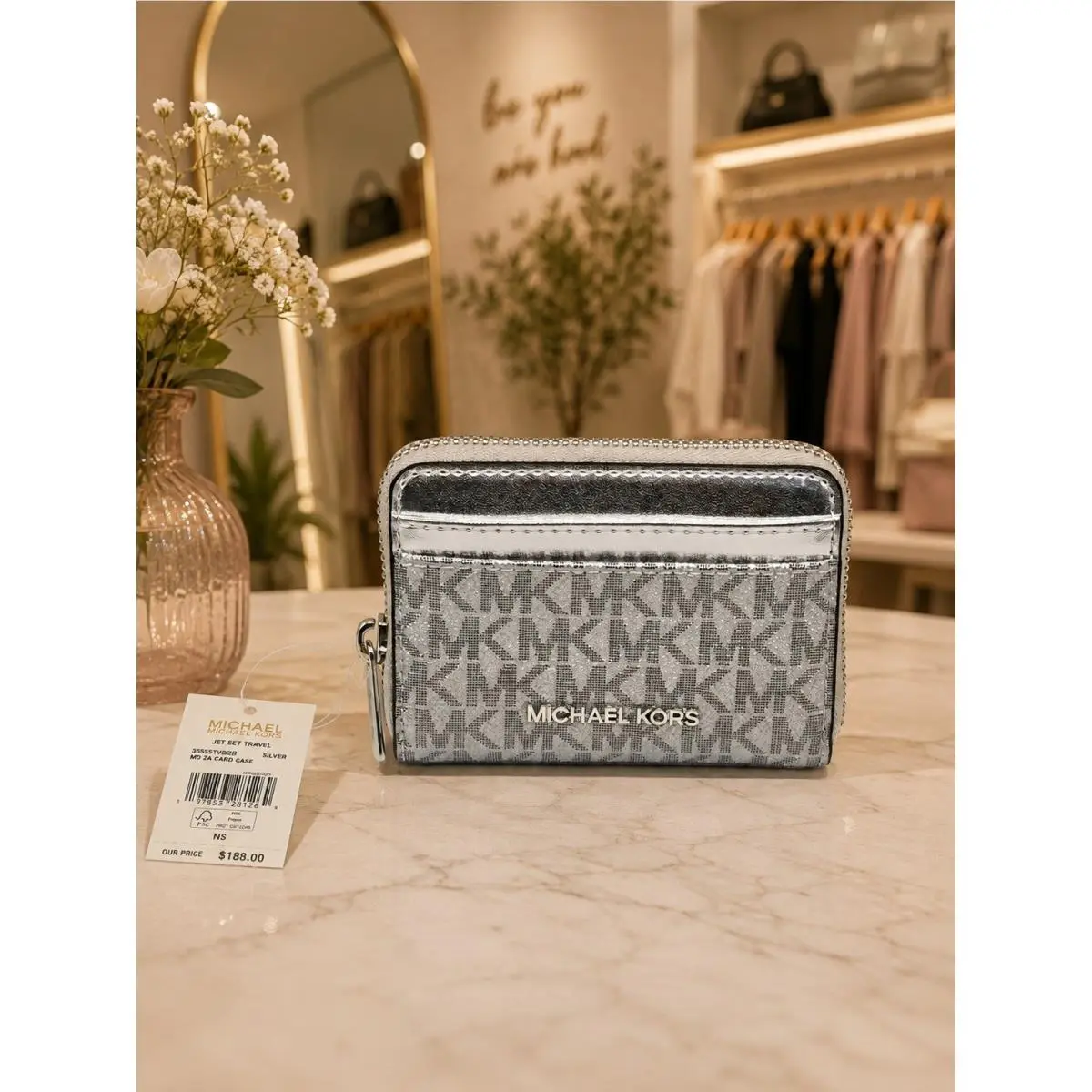 Michael Kors Jet Set Travel Medium Zip Card Case Wallet Silver Metallic MK
