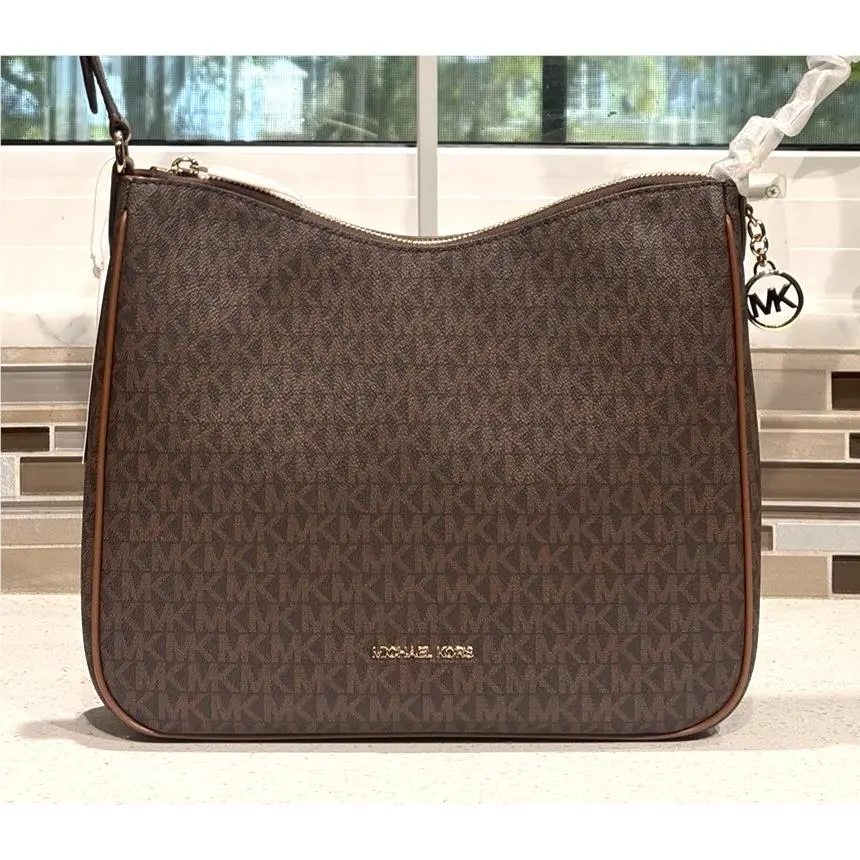 Michael Kors Nayla Medium Zip Messenger Crossbody Bag Tote Purse MK Brown Gold