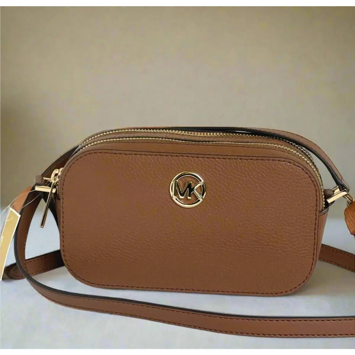 Michael Kors Fulton Small Double Zip Leather Crossbody Bag Brown Compact