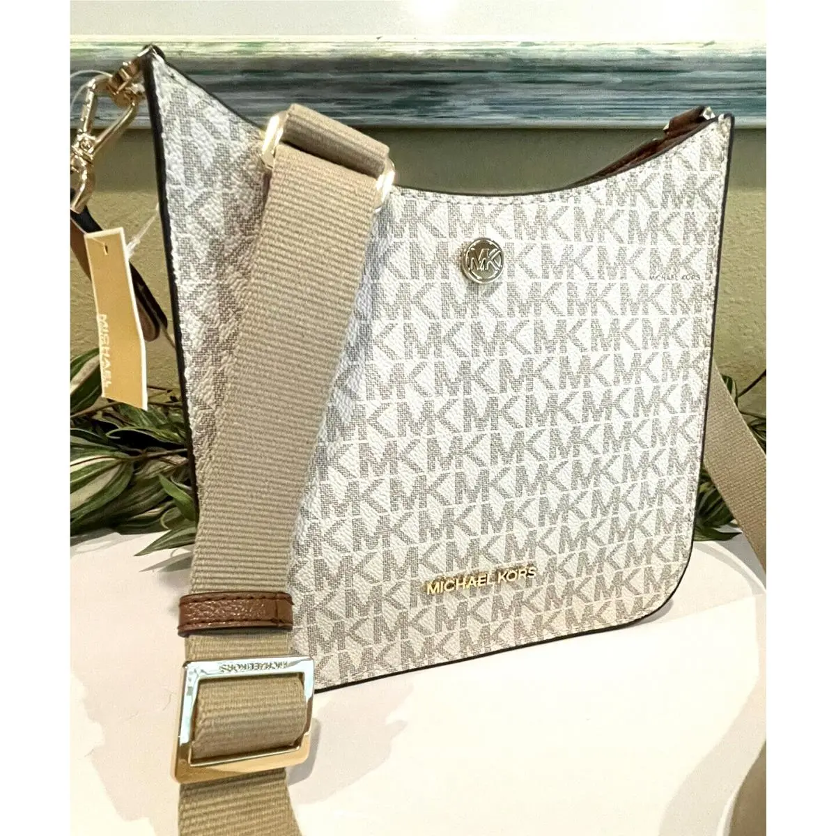 Briley Small Messenger Crossbody Shoulder Bag Tote MK Vanilla Logo by Michael Kors