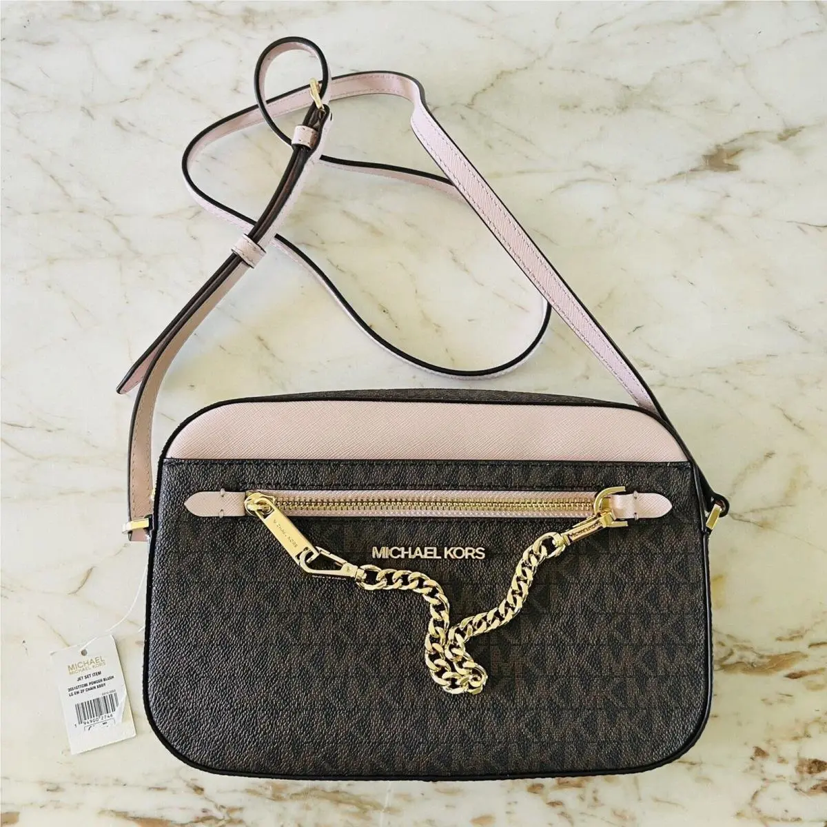 Michael Kors Jet Set Item Powder Blush Leather East West Zip Chain Crossbody Bag