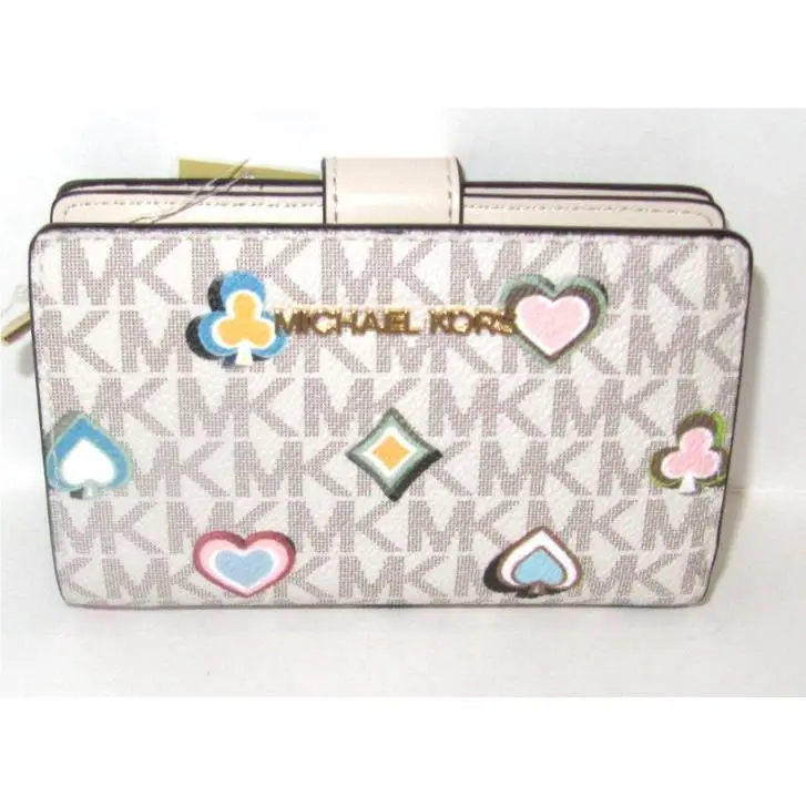 Michael Kors Jet Set Travel Med Bifold Wallet Light Cream Spades Clubs Hearts