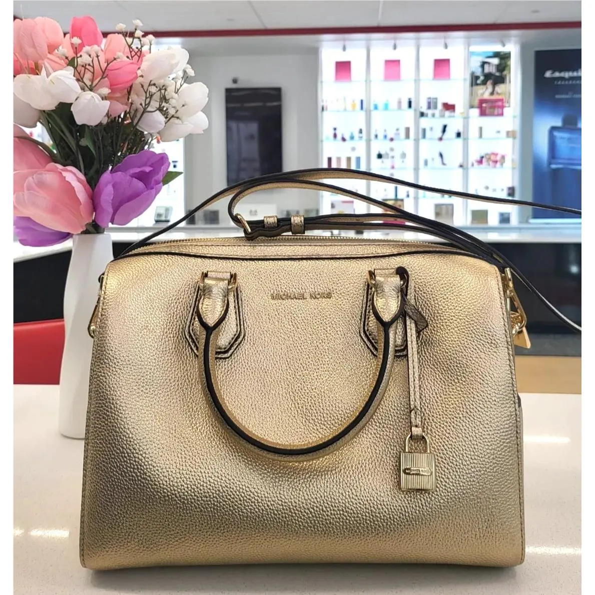 Michael Kors Mercer Pale Gold Medium Duffle Leather