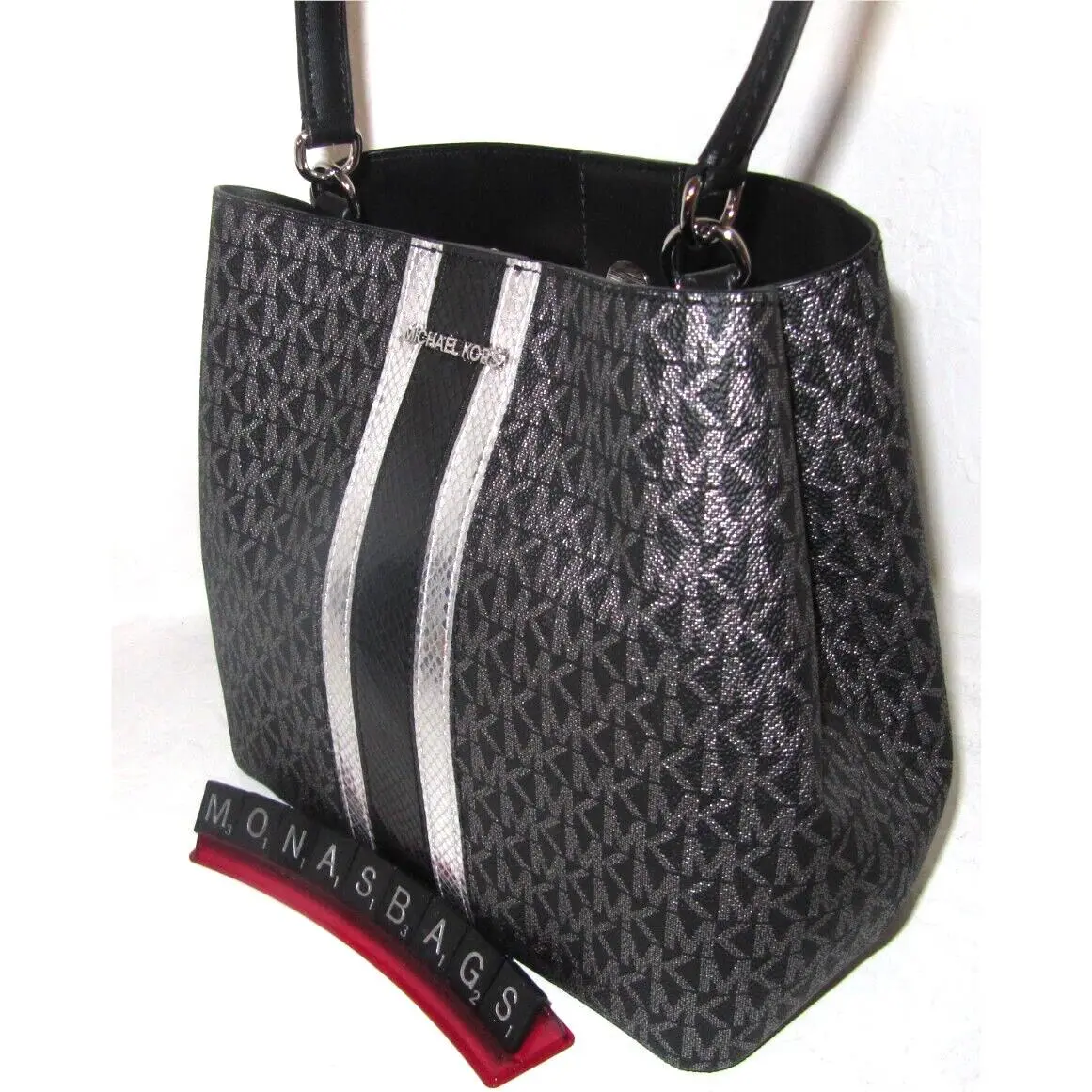 Pratt Med Black Logo Silver Metallic Shoulder Bucket Bag NWT$498 by Michael Kors