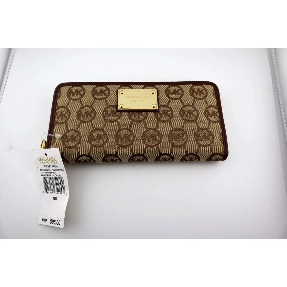 Beige/mocha Jacquard Monogram Zip Around Continental Wallet by Michael Kors