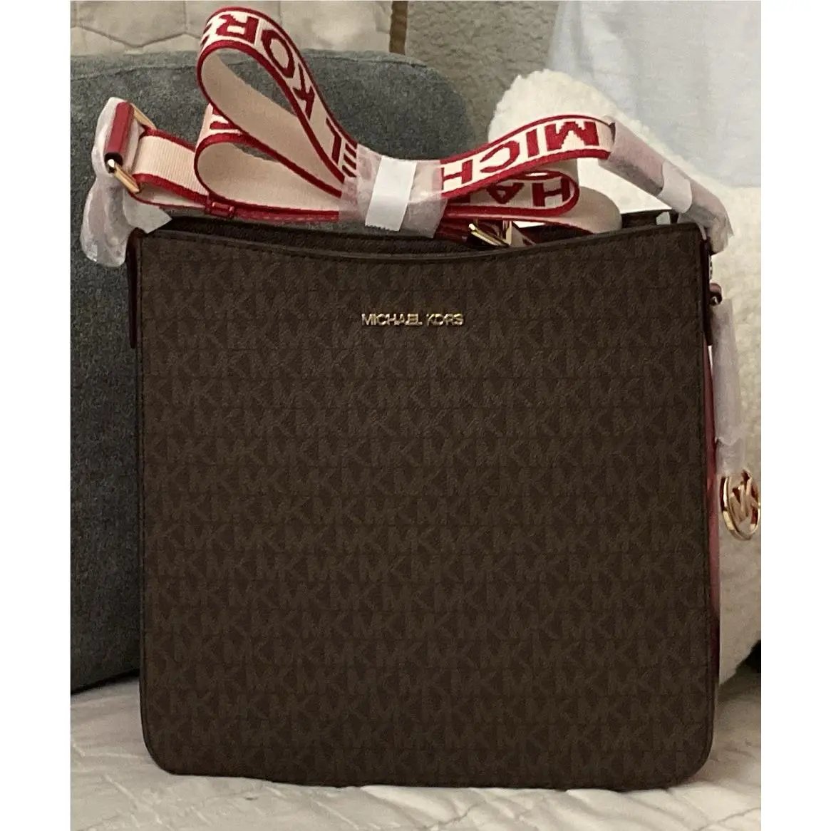 Michael Kors Medium Brown Logo Crossbody Bag Zip Top Red/white Strap Pockets