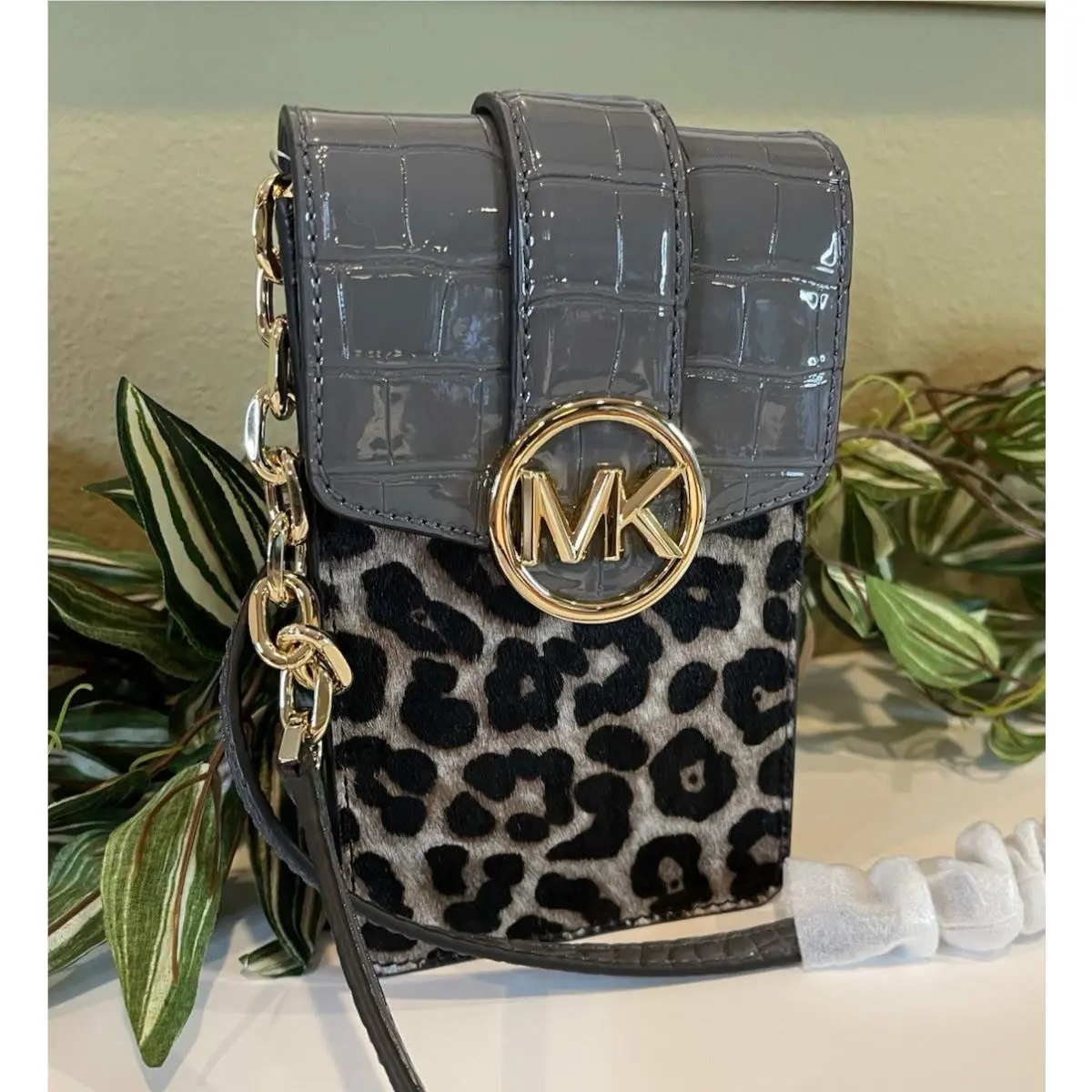 Michael Kors Carmen XS Small Phone Chain Crossbody Bag Exotic MK Grey Leopard