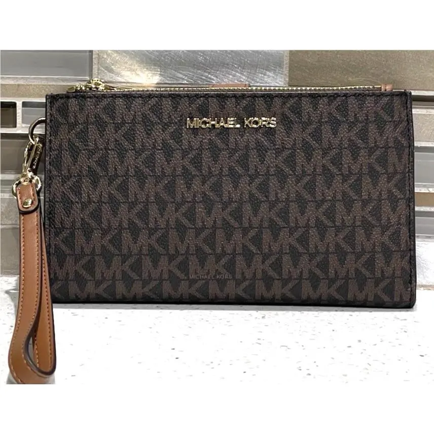 Michael Kors Jet Set Travel Double Zip Wallet Phone Case Wristlet MK Brown Logo