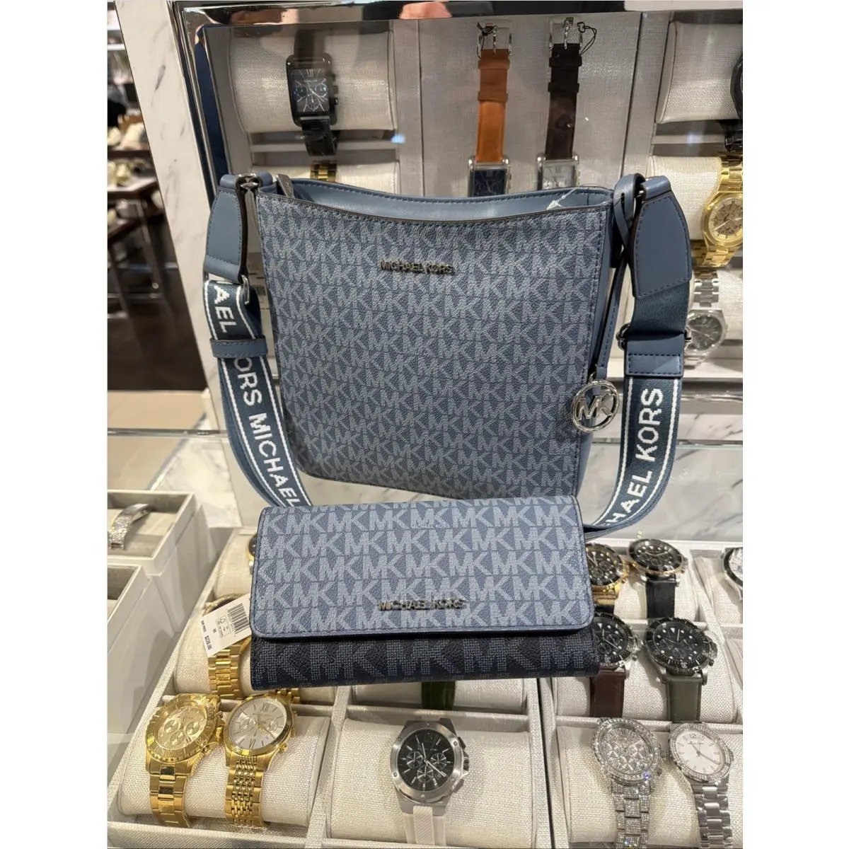 Michael Kors Jet Set Travel Messenger Crossbody Bag Denim MK Signature + Wallet