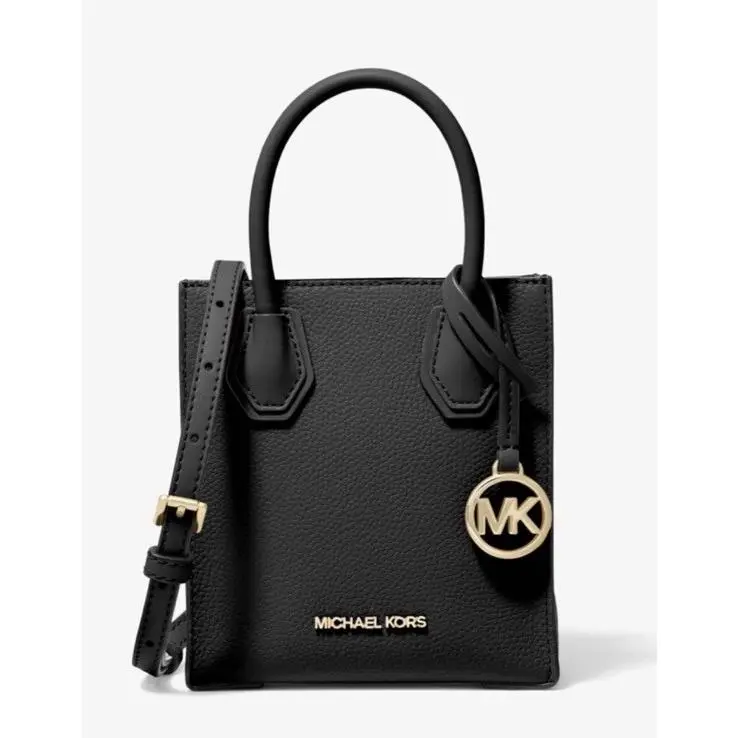 Michael Kors Mercer XS Pebbled Black Leather MK Signature Satchel Crossbody Bag