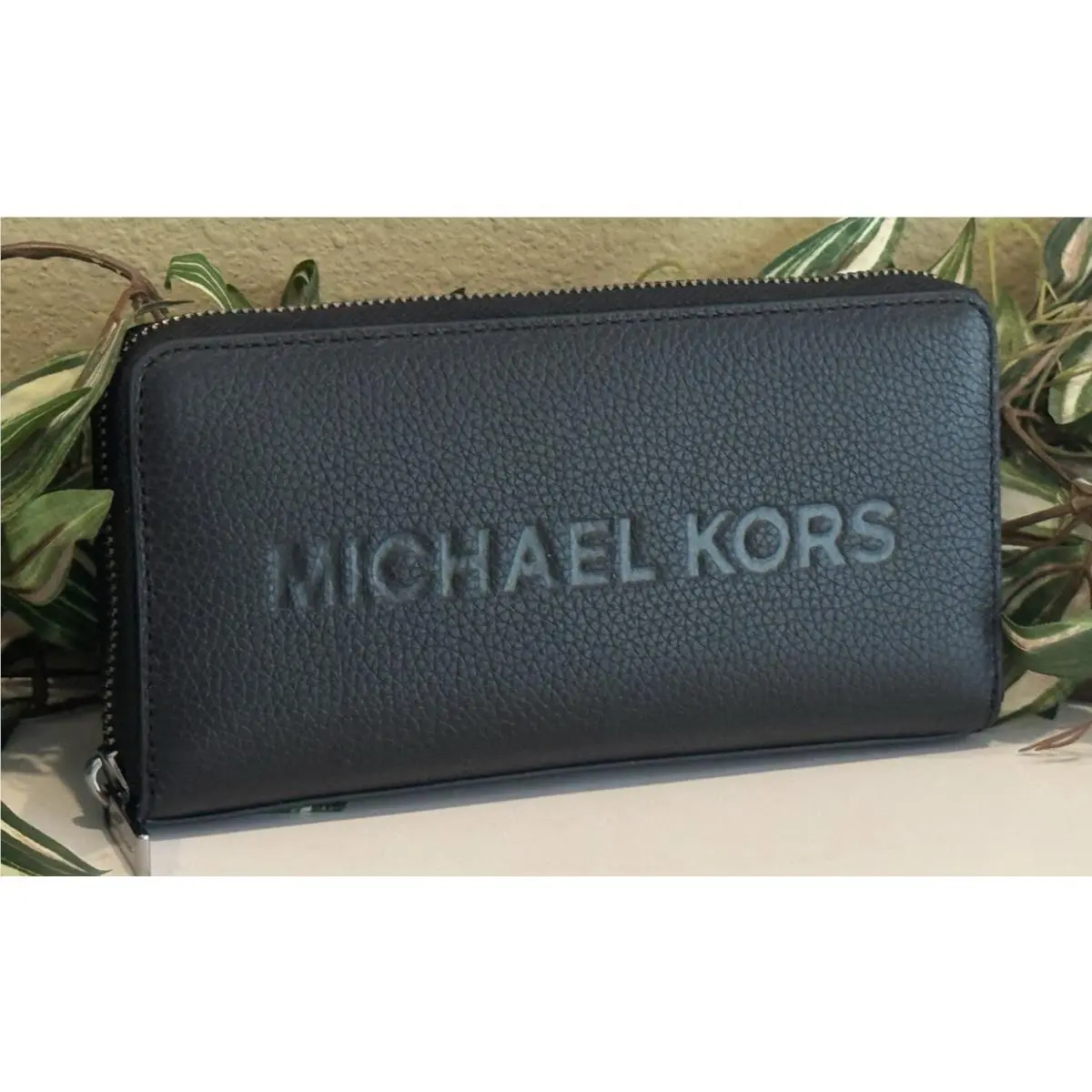 Michael Kors Cooper Tech Zip Continental MK Large Wallet Black Leather Silver