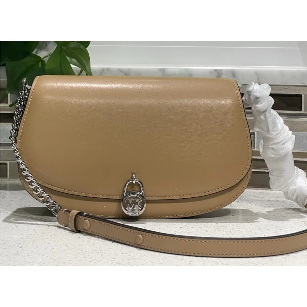 Michael Kors Mila Medium Flap Crossbody Shoulder MK Lock Bag Purse Brown Leather