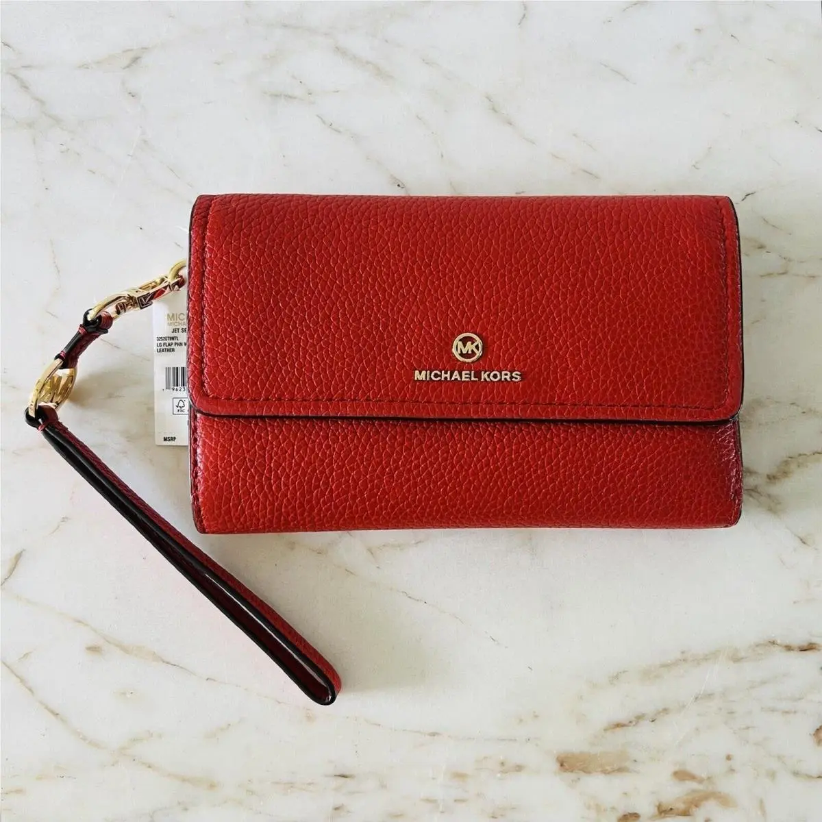 Michael Kors Jet Set Charm Red Terracotta Leather Flap Phone Wallet Wristlet