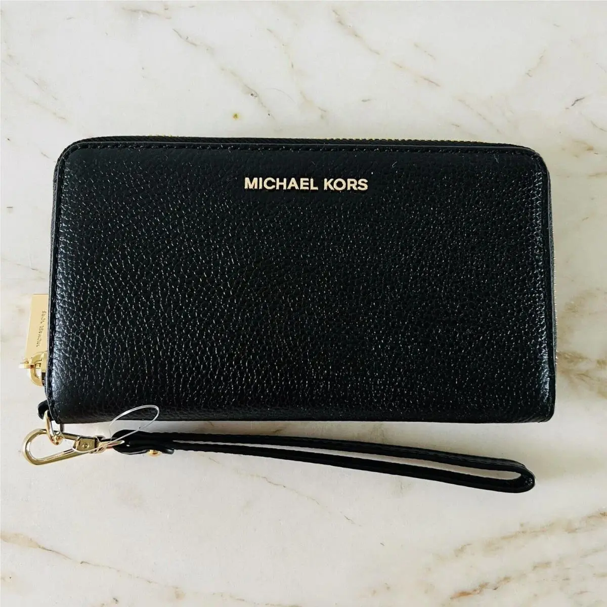 Black Leather Flat Multi Function Phone Case Zip Wallet Wristlet by Michael Kors