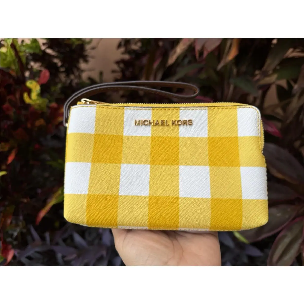 Michael Kors Jet Set Item Double Zip Wristlet Gingham Yellow/brown/white