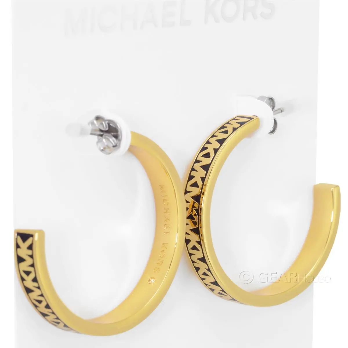Michael Kors Womens C Hoop Gold Earrings w/ Black Enamel MK Logo Stripe