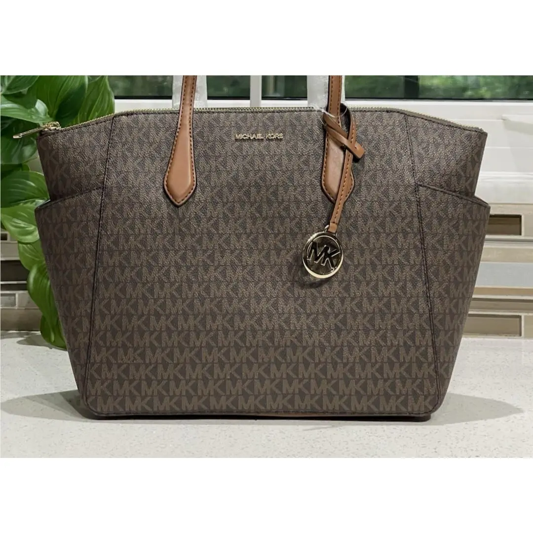 Marilyn Medium Large Zip Tote Shoulder Bag Purse Brown MK Logo Gold by Michael Kors