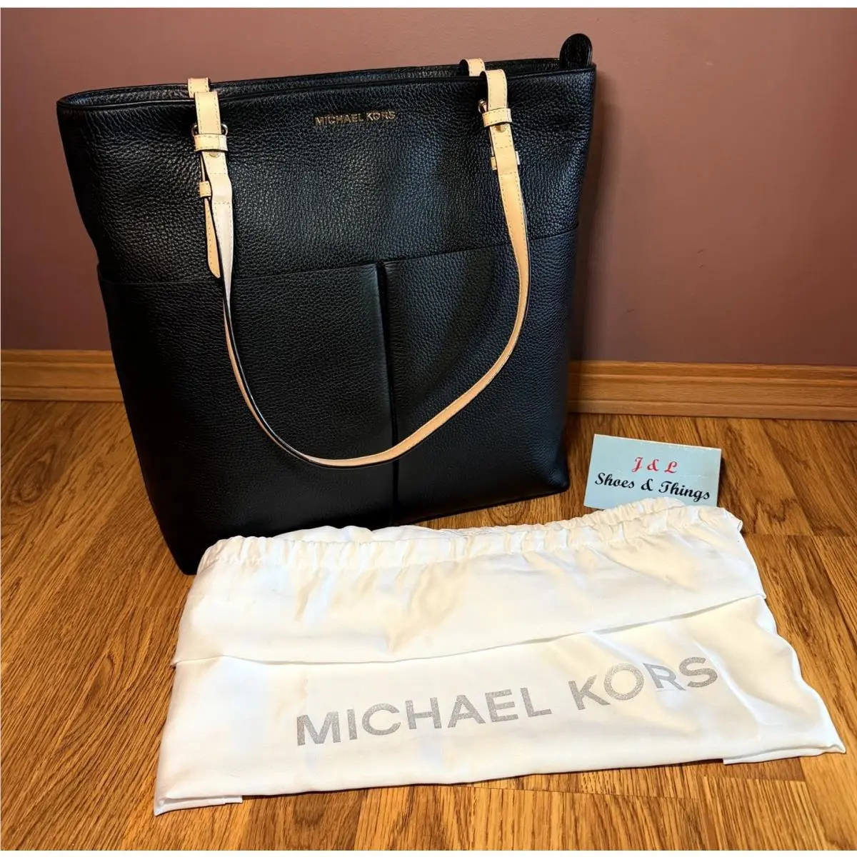 Michael Kors Bedford Pebbled Black Leather Lg NS Tote Bag 15” X 14”