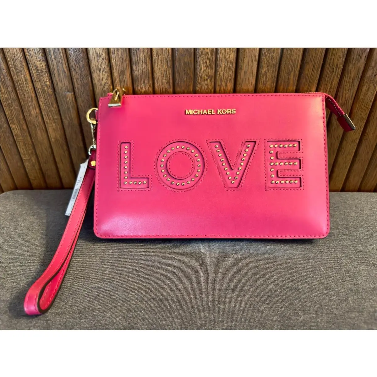 Michael Kors Medium Gusset Leather Love Wristlet in Ultra Pink