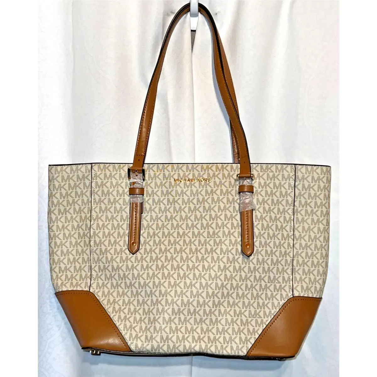 Jet Set Large Women`s Signature Tote Bag Beige Brown Leather Canvas by Michael Kors